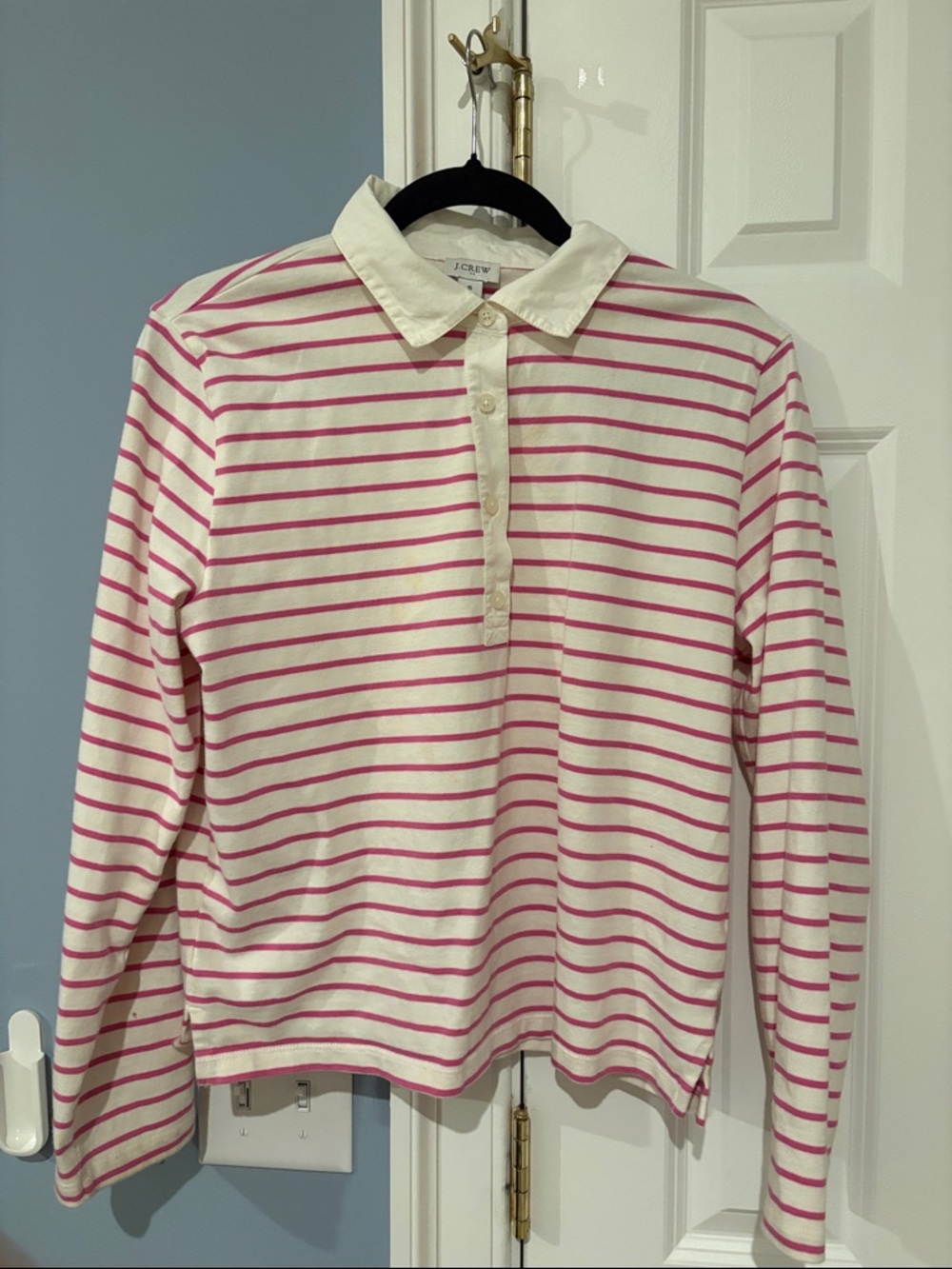 J. Crew Cream and Pink Striped Long-Sleeve Polo